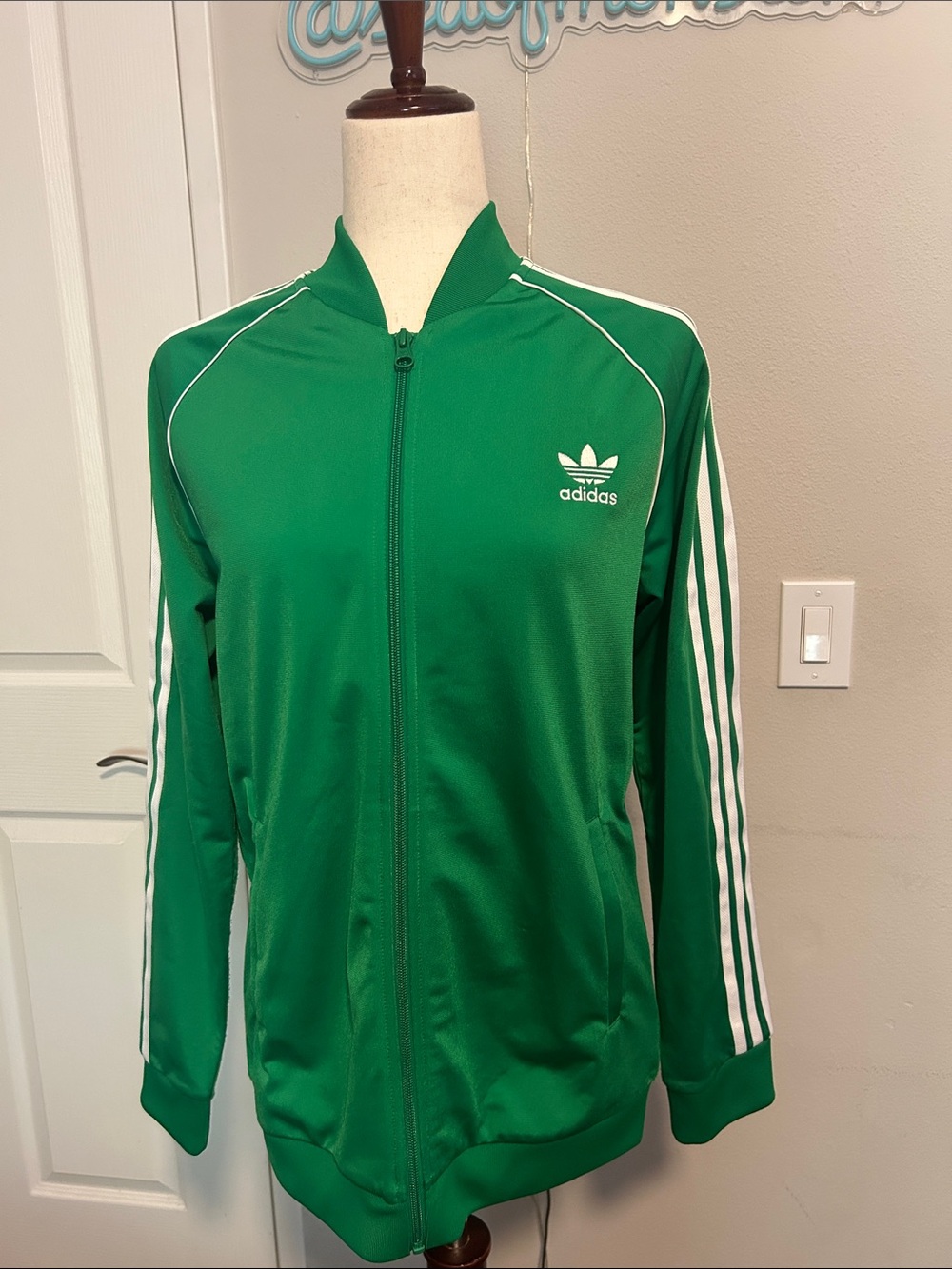 adidas Originals Green Bomber-Style Track Jacket with White Stripes